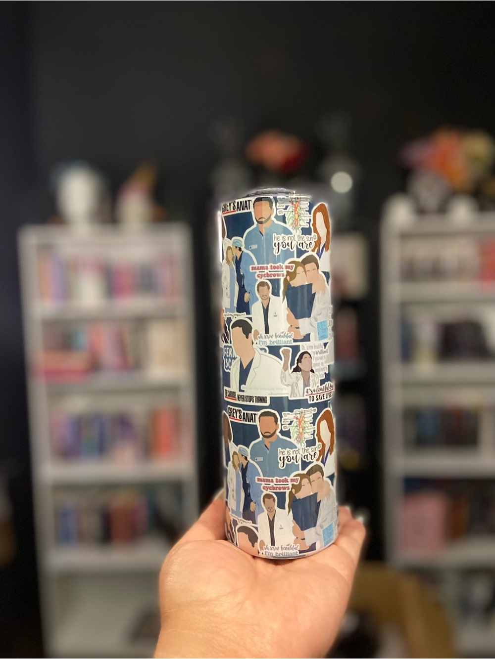 Grey's Anatomy Sticker Collage Tumbler Wrapped in Blue and White